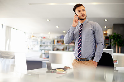 Buy stock photo Phone call, office and business man with investment deal, negotiation or offer. Mobile contact, communication and conversation with serious client for finance, profit growth or stock market broker