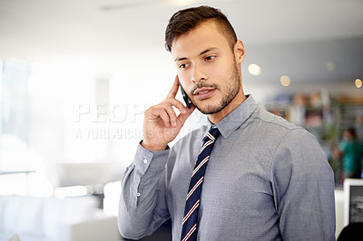 Buy stock photo Phone call, listening and business man with investment deal, negotiation and offer. Mobile, communication and conversation with client for finance, profit growth and stock market broker in office