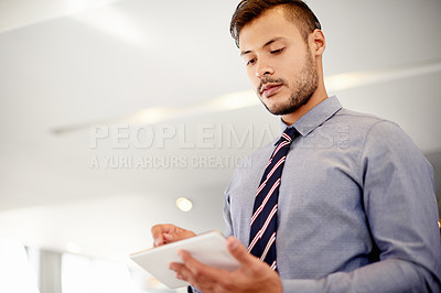 Buy stock photo Business, thinking and man with tablet, online reading for email and connection for website info. Person, advisor or employee in workplace, tech and digital app for financial report and income stats