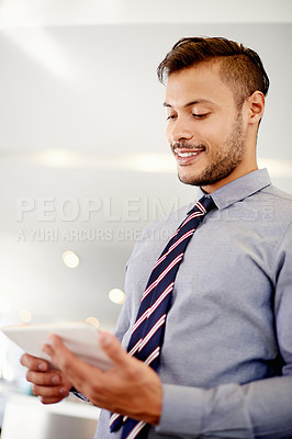 Buy stock photo Business, thinking and man in office, tablet and planning for renovation project, email for approval and smile. Person, architecture or employee in workplace, tech and digital app for online reading