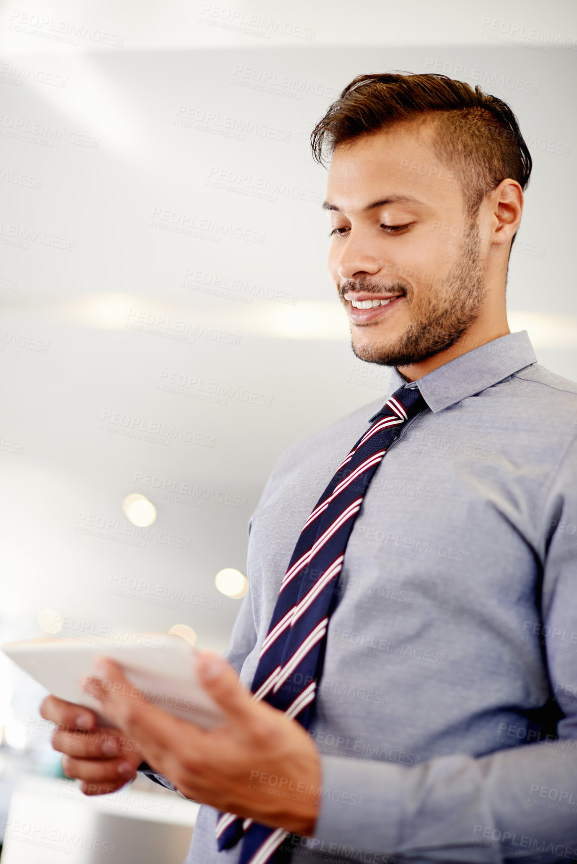 Buy stock photo Business, thinking and man in office, tablet and planning for renovation project, email for approval and smile. Person, architecture or employee in workplace, tech and digital app for online reading