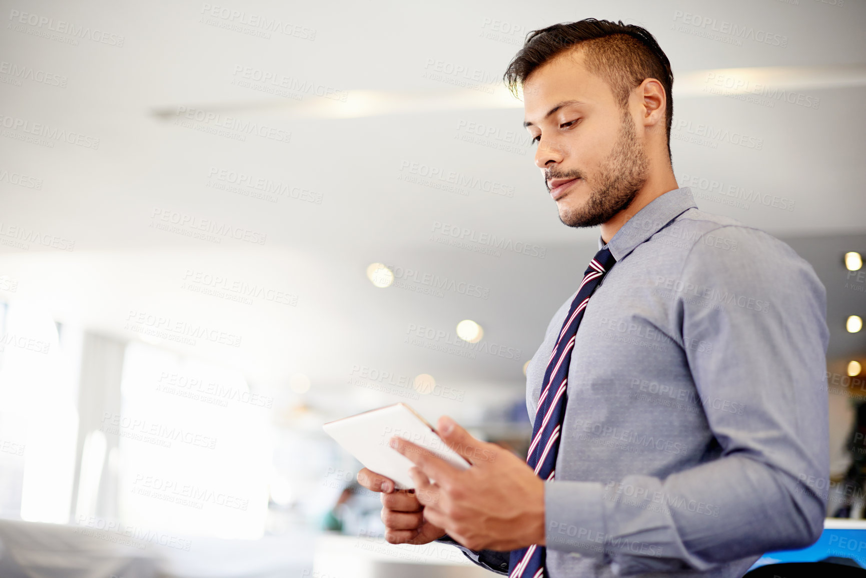 Buy stock photo Businessman, tablet or accountant with app for project, checklist or browsing financial market at office. Man, employee or trader on technology for online finance, business or connection at workplace