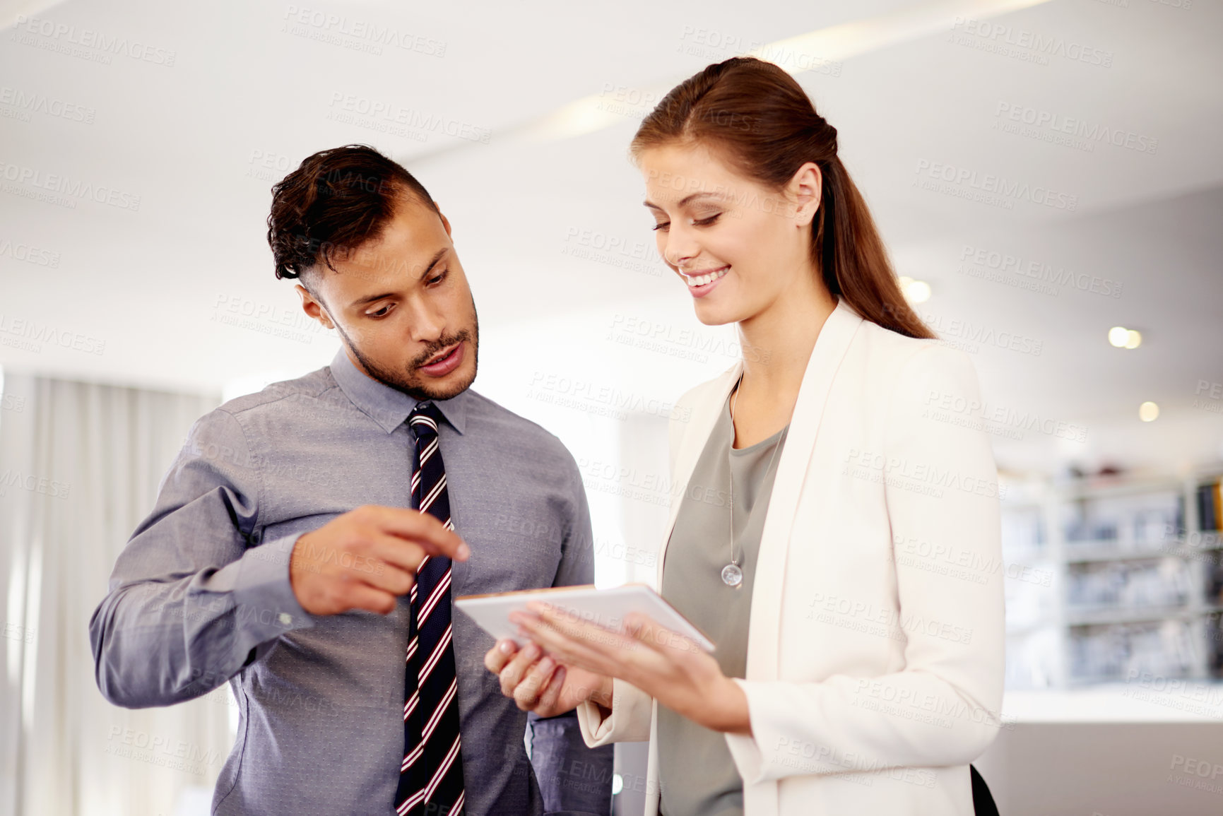 Buy stock photo Teamwork, tablet and business people talk, planning or brainstorming ideas in office. Cooperation, technology or happy worker in discussion with project manager for schedule or budget cost in meeting