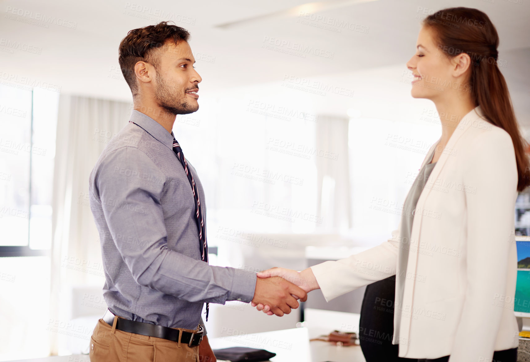 Buy stock photo Happy, business people and handshake with meeting for partnership, b2b or deal together at office. Businessman, woman or colleagues shaking hands with smile for teamwork or agreement at workplace