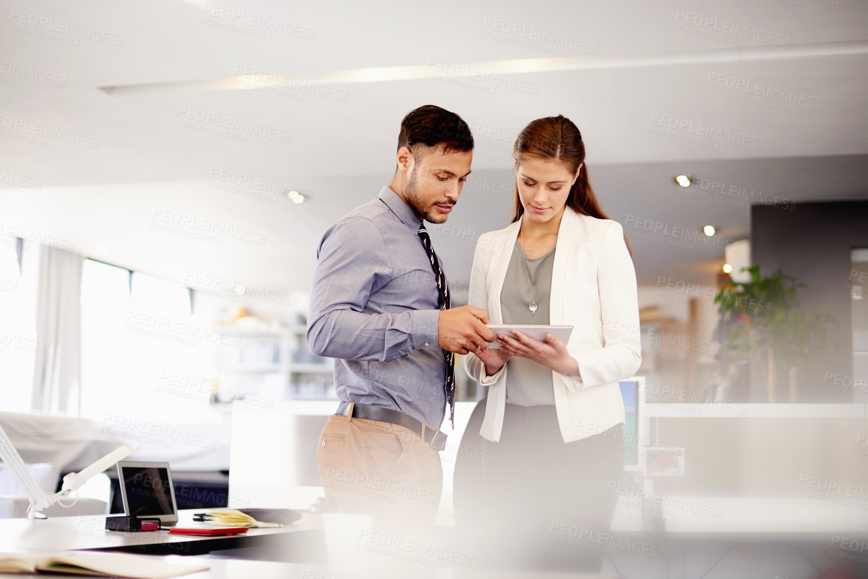 Buy stock photo Office, tablet and business people online for website, research project and email on internet. Workplace, advice and creative woman on digital tech for social networking, connection and contact