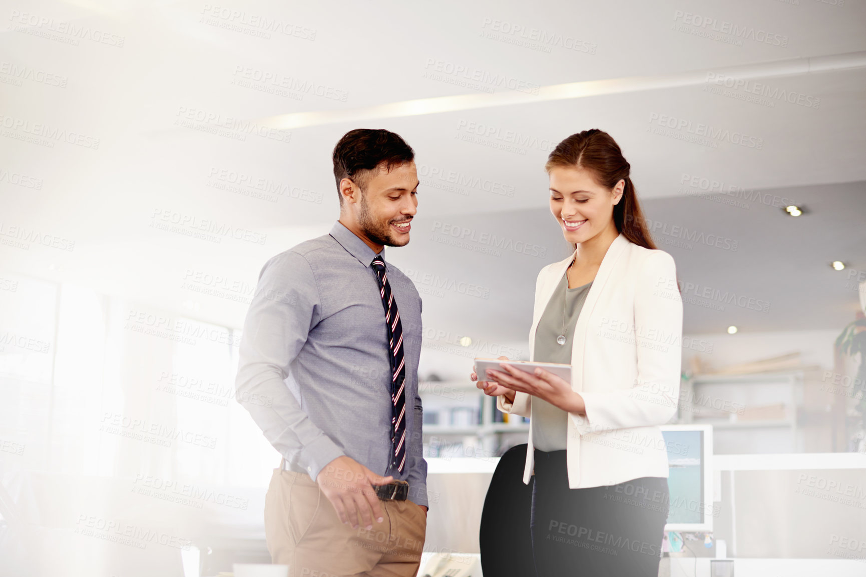 Buy stock photo Office, tablet and business people for online advice, research project and email on internet. Workplace, website and creative woman on digital tech for social networking, connection and contact