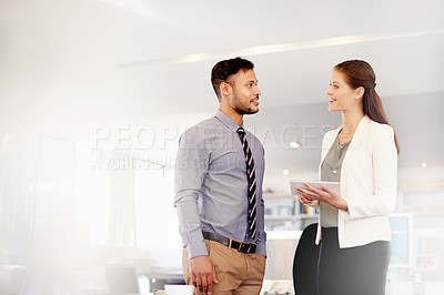 Buy stock photo Office, tablet and business people for advice meeting, research project and email on internet. Workplace, website and creative woman on digital tech for social networking, connection and contact