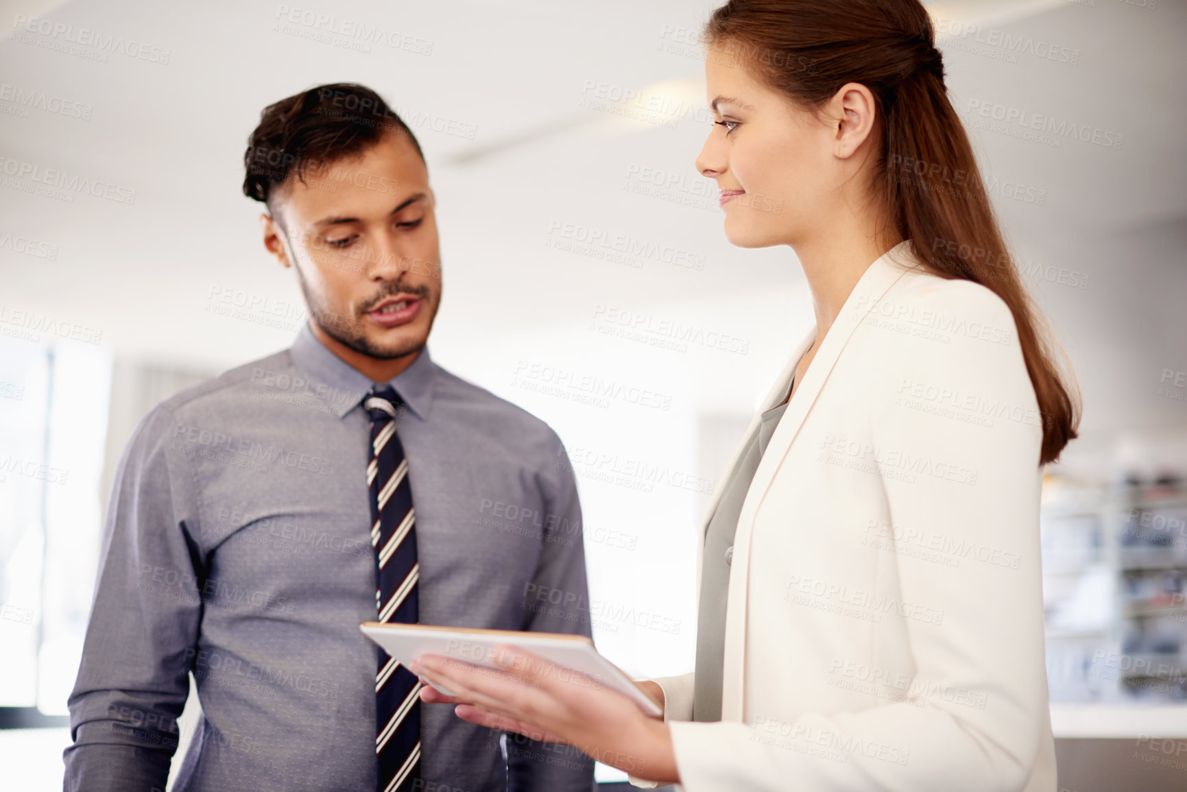 Buy stock photo Tablet, collaboration and business people in discussion, talk or problem solving in office. Team, technology and worker planning with financial manager for schedule, sales or budget cost in meeting
