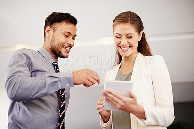 Buy stock photo Tablet, team and happy business people in discussion, talking and solution in office. Cooperation, technology and worker planning with financial manager for schedule, sales or budget cost in meeting