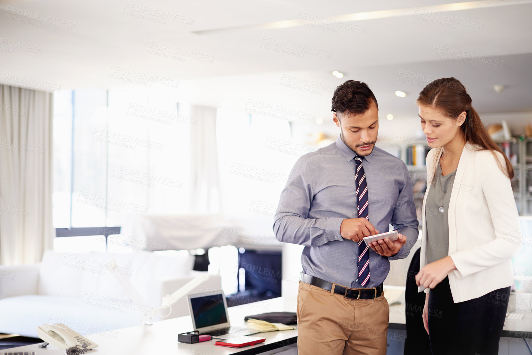 Buy stock photo Tablet, team and business people in conversation, planning or banking solution in office. Cooperation, technology and worker talking with financial manager for revenue, profit or account in meeting