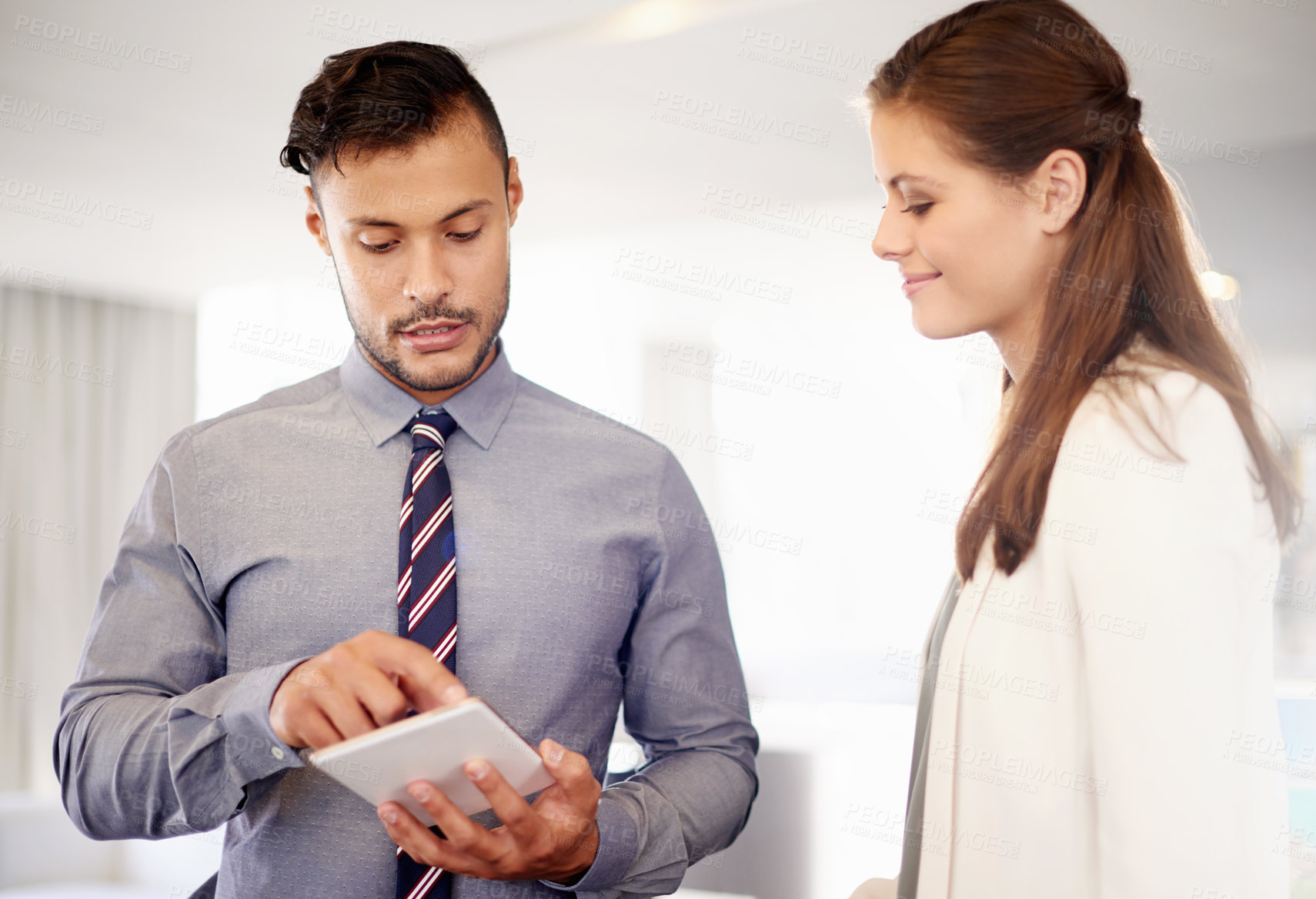 Buy stock photo Office, tablet and business people for website feedback, research advice and email on internet. Workplace, project and creative woman on digital tech for social networking, connection and contact