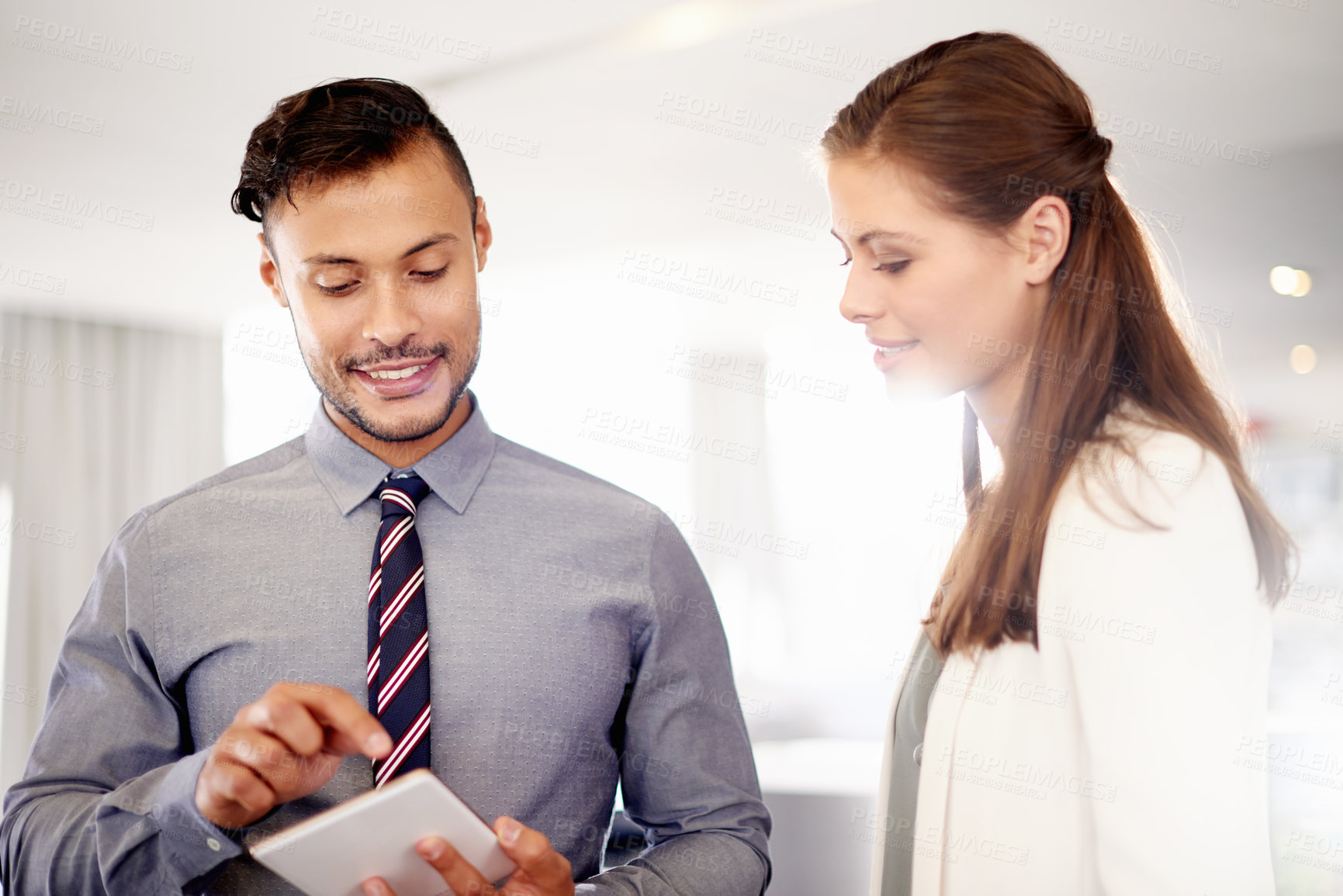 Buy stock photo Office, tablet and business people for website project, research advice and email on internet. Workplace, feedback and creative woman on digital tech for social networking, connection and contact