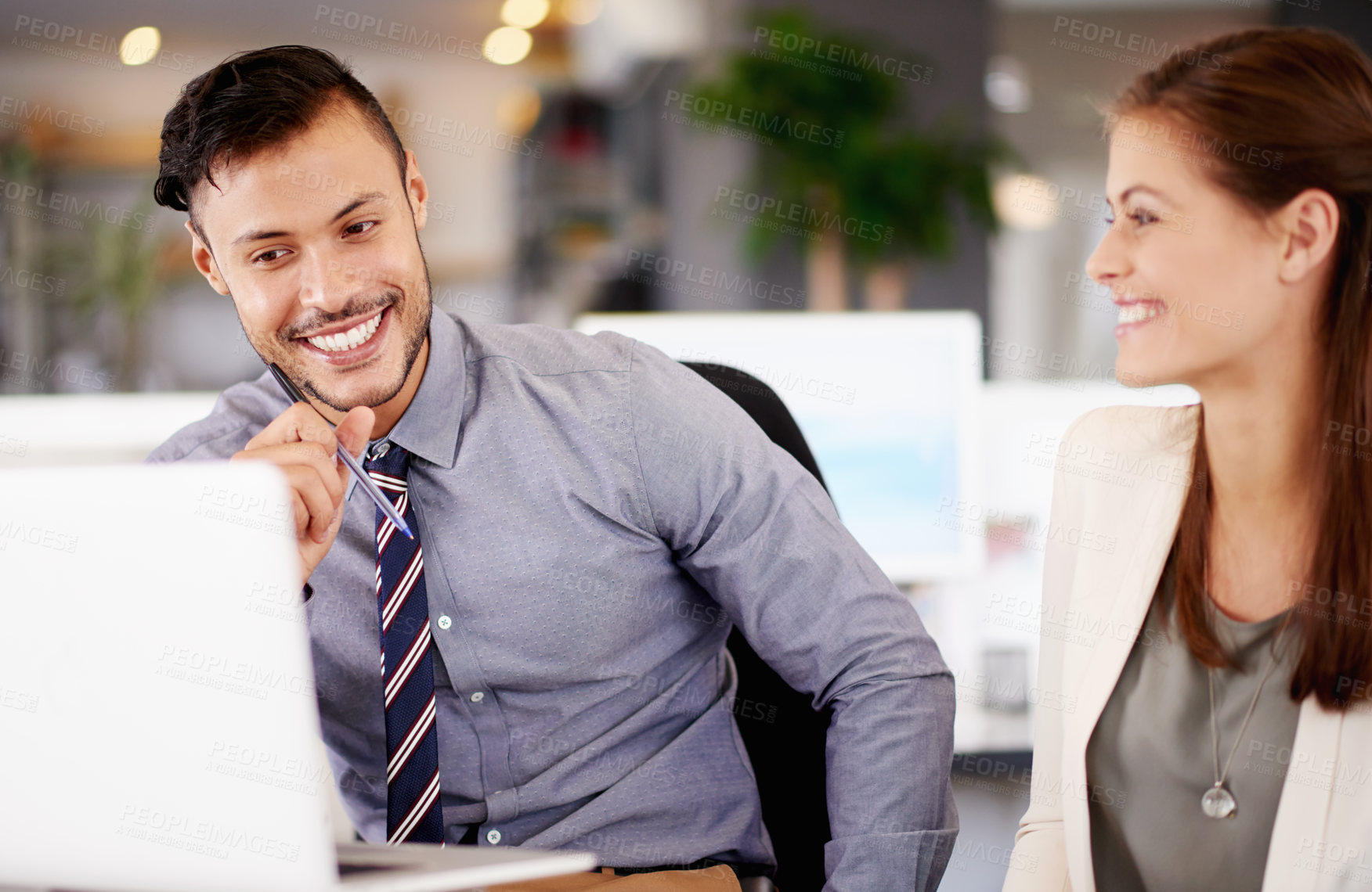 Buy stock photo Teamwork, laptop and happy business people planning, talk or brainstorming in office. Cooperation, workers and discussion with project manager for schedule, budget cost or progress update in meeting