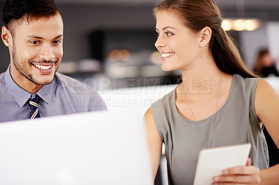 Buy stock photo Collaboration, laptop and happy business people planning, research or solution in office. Team, workers or discussion with product manager for schedule review, project budget or development on tablet