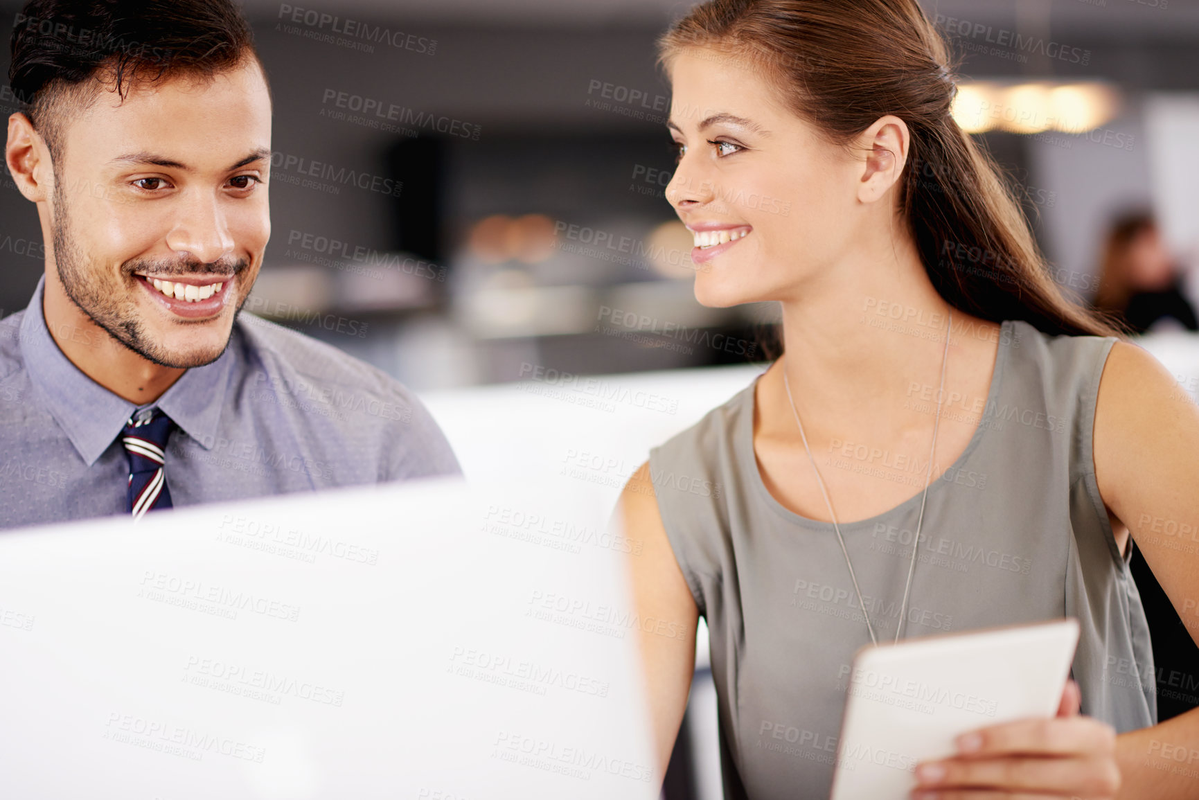 Buy stock photo Collaboration, laptop and happy business people planning, research or solution in office. Team, workers or discussion with product manager for schedule review, project budget or development on tablet