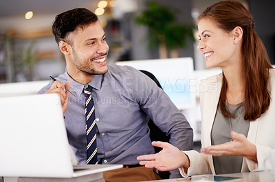 Buy stock photo Team, laptop and happy business people in meeting, planning or banking solution in office. Cooperation, workers or discussion with finance manager for payroll schedule, profit or question for account