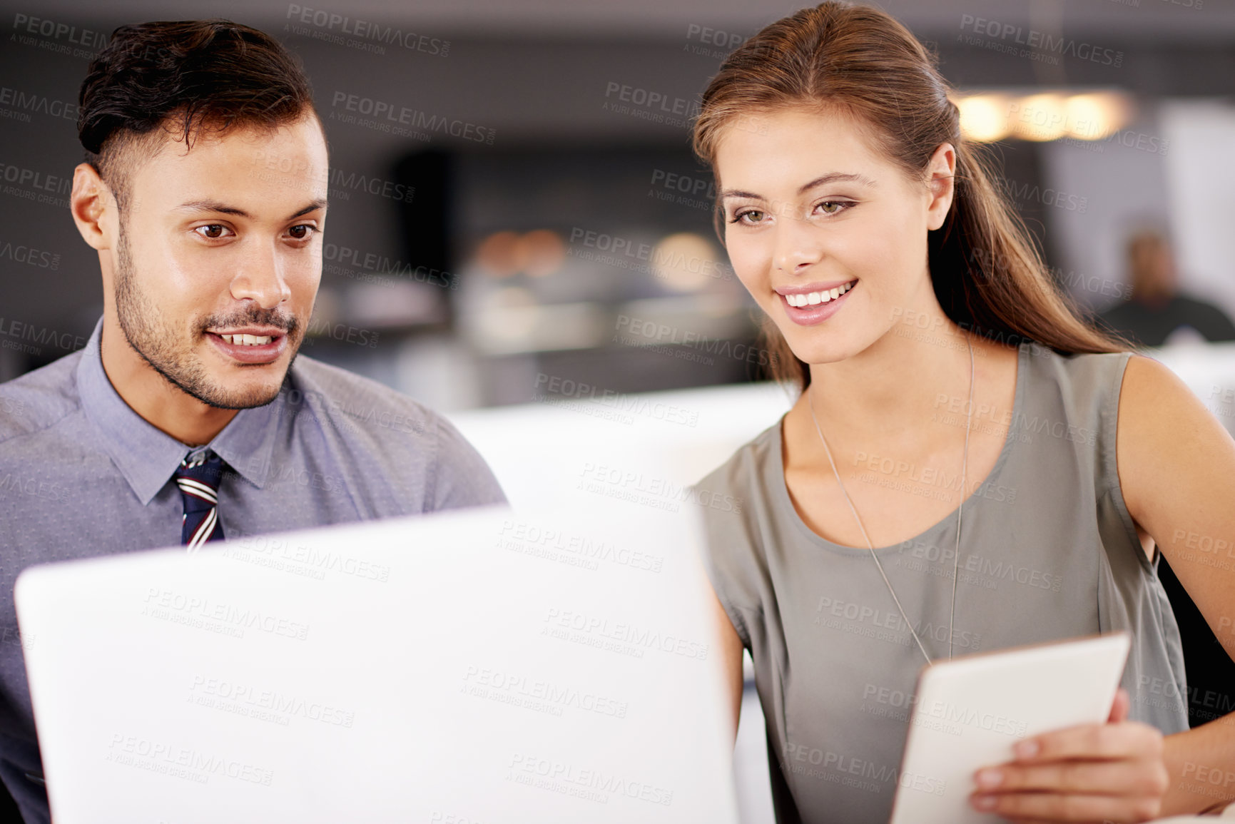 Buy stock photo Collaboration, finance and laptop with business people in bank for account administration or management. Computer, tablet and teamwork with colleagues at desk in workplace for financial report