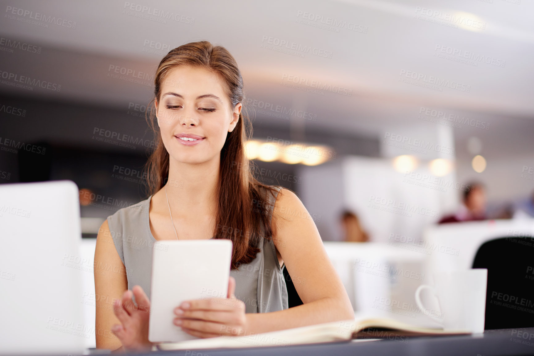 Buy stock photo Laptop, planning and tablet with business woman at desk in office for administration or research. App, internet and technology with employee in workplace for agenda, design or online schedule