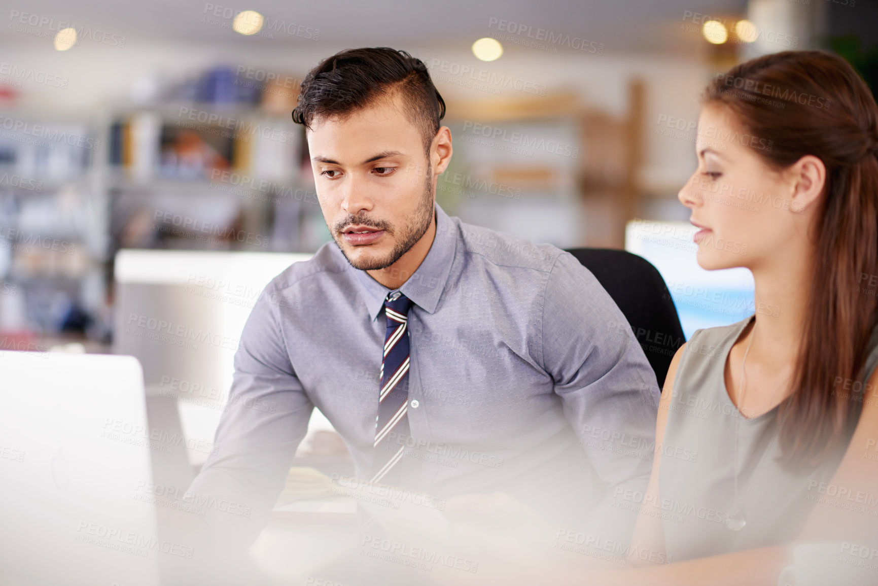 Buy stock photo Teamwork, laptop and business people talk, planning and brainstorming ideas in office. Cooperation, workers and discussion with project manager for schedule, budget cost or progress update in meeting