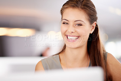 Buy stock photo Business, journalist and woman with computer, smile and internet with editing, email for approval or positive review. Person, copywriting or employee in workplace, pc or excited for published article