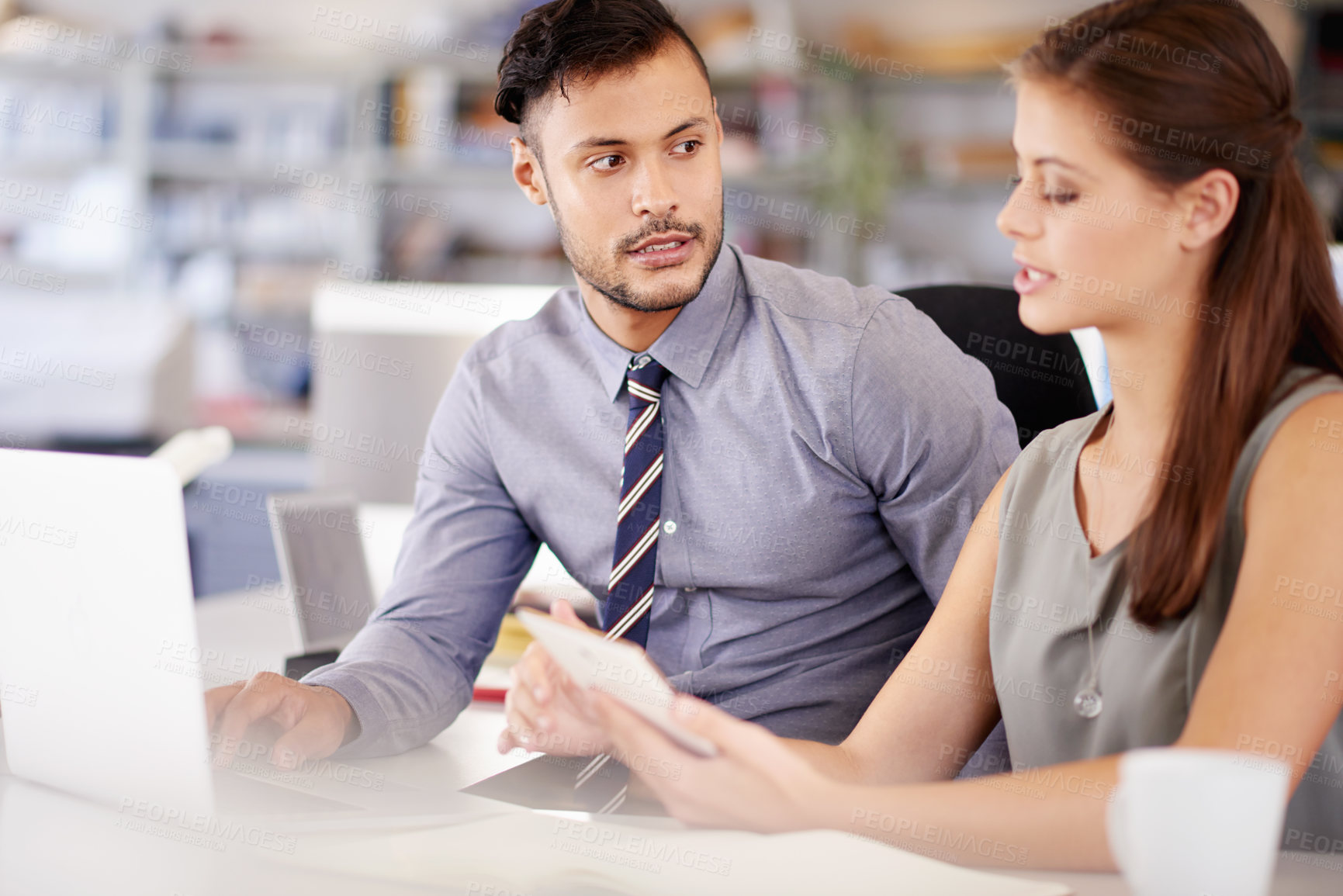 Buy stock photo Business people, laptop and discussion with ideas for proposal, project or collaboration at office. Businessman, woman or colleagues with technology for meeting, agenda or tasks together at workplace