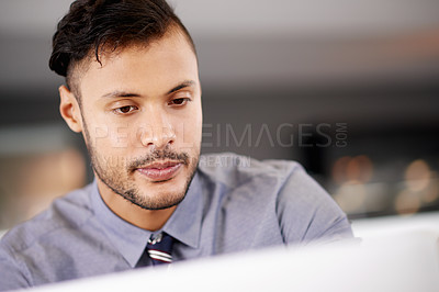 Buy stock photo Business, computer and man in office, online reading and internet with broker, investment analysis and trading. Person, accountant or employee in workplace, pc or network for income stats or payroll