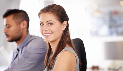Buy stock photo Portrait, business people and woman in office, smile and productivity with confidence. Face, coworkers and employee at desk, pride and consulting with corporate professional public relations or happy