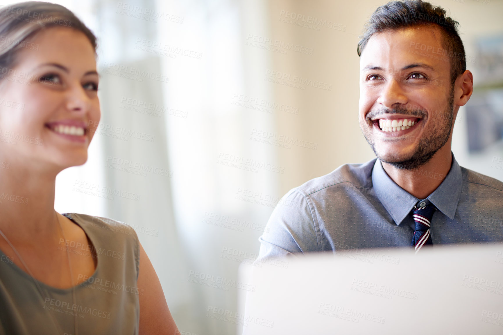 Buy stock photo People, meeting and laptop in office, news collaboration and article support in boardroom. Online, teamwork and research plan for journalism story in workplace, reporters and spell check on site