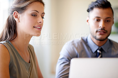 Buy stock photo People, team and laptop in office, business collaboration and article support in boardroom. Online, editing discussion and research plan for news story in workplace, reporters and spell check on site