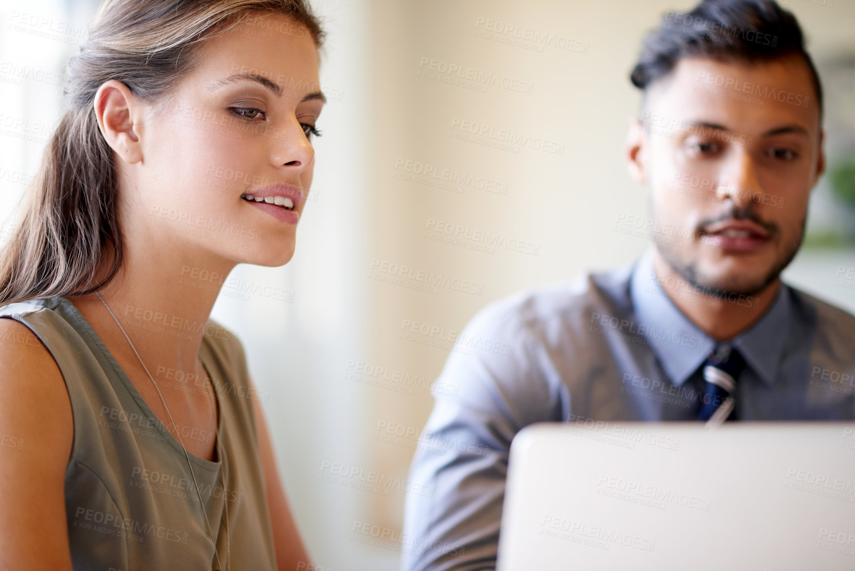 Buy stock photo People, team and laptop in office, business collaboration and article support in boardroom. Online, editing discussion and research plan for news story in workplace, reporters and spell check on site