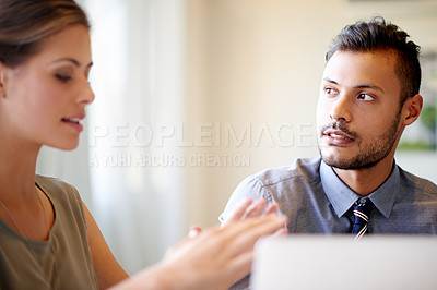 Buy stock photo People, talking and laptop in office, business collaboration and article support in boardroom. Online, team discussion and research plan for news story in workplace, reporters and spell check on site