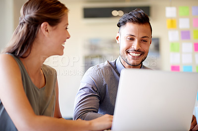 Buy stock photo People, teamwork and laptop in office, business collaboration and article support in boardroom. Online, discussion and research plan for news story in workplace, reporters and spell check on site