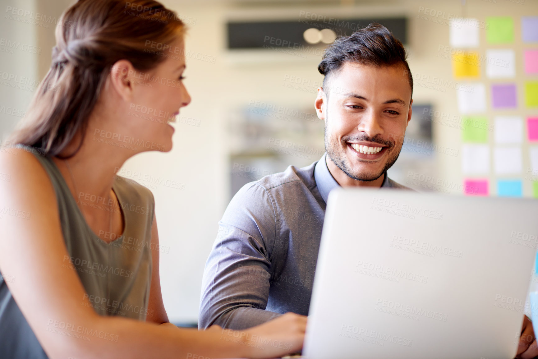 Buy stock photo People, teamwork and laptop in office, business collaboration and article support in boardroom. Online, discussion and research plan for news story in workplace, reporters and spell check on site