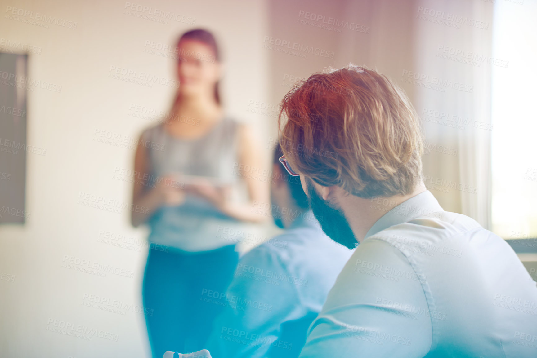 Buy stock photo Business people, listening and meeting with presentation for staff training, collaboration or workshop at office. Group, audience or employees with speaker talking for team delegation at seminar