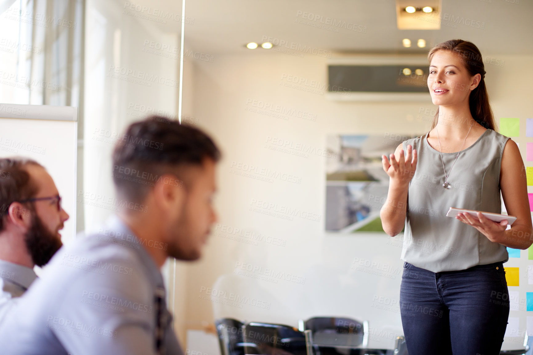 Buy stock photo Architecture, presentation and tablet with business woman in meeting for client proposal, progress update and planning. Construction project, timeline and engineering firm with people in office