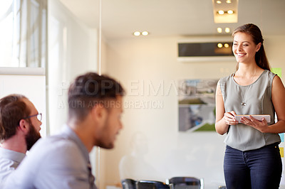 Buy stock photo Architecture, presentation and tablet with woman in meeting for client proposal, progress update and planning. Construction project, renovation timeline and engineering firm with business people