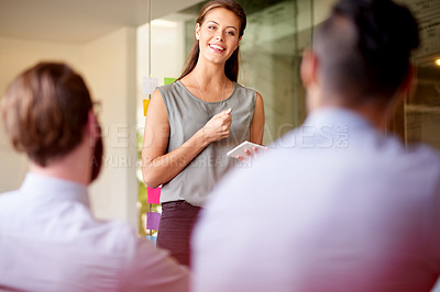Buy stock photo Meeting, presentation and tablet with woman in office for client proposal, progress update and workshop. Seminar project, timeline and teamwork with business people in agency for moodboard designer