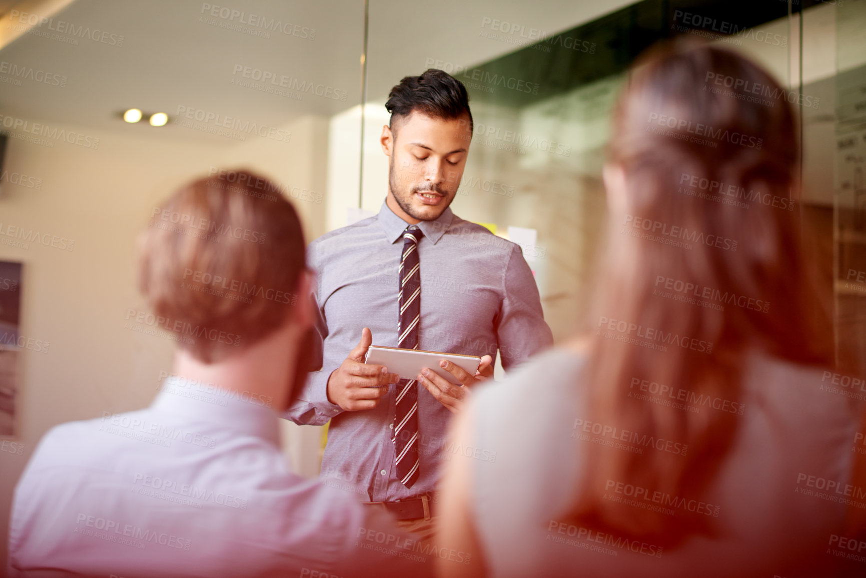 Buy stock photo Meeting, presentation and tablet with man in office for client proposal, progress update and workshop. Seminar project, timeline and teamwork with business people in agency for moodboard designer