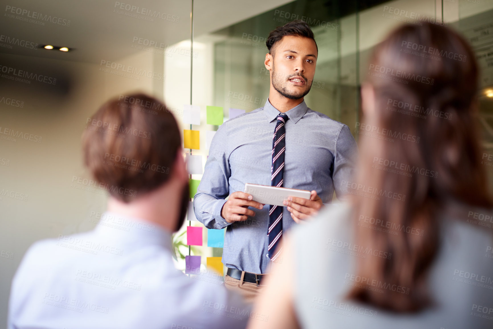 Buy stock photo Workshop, presentation and tablet with man in office for client proposal, progress update and meeting. Seminar project, timeline and teamwork with business people in agency for moodboard designer