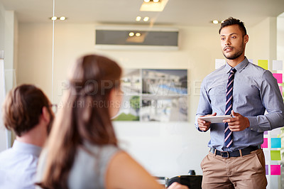 Buy stock photo Architecture, presentation and tablet with man in meeting for client proposal, progress update and planning. Construction project, timeline layout and engineering firm with business people in office