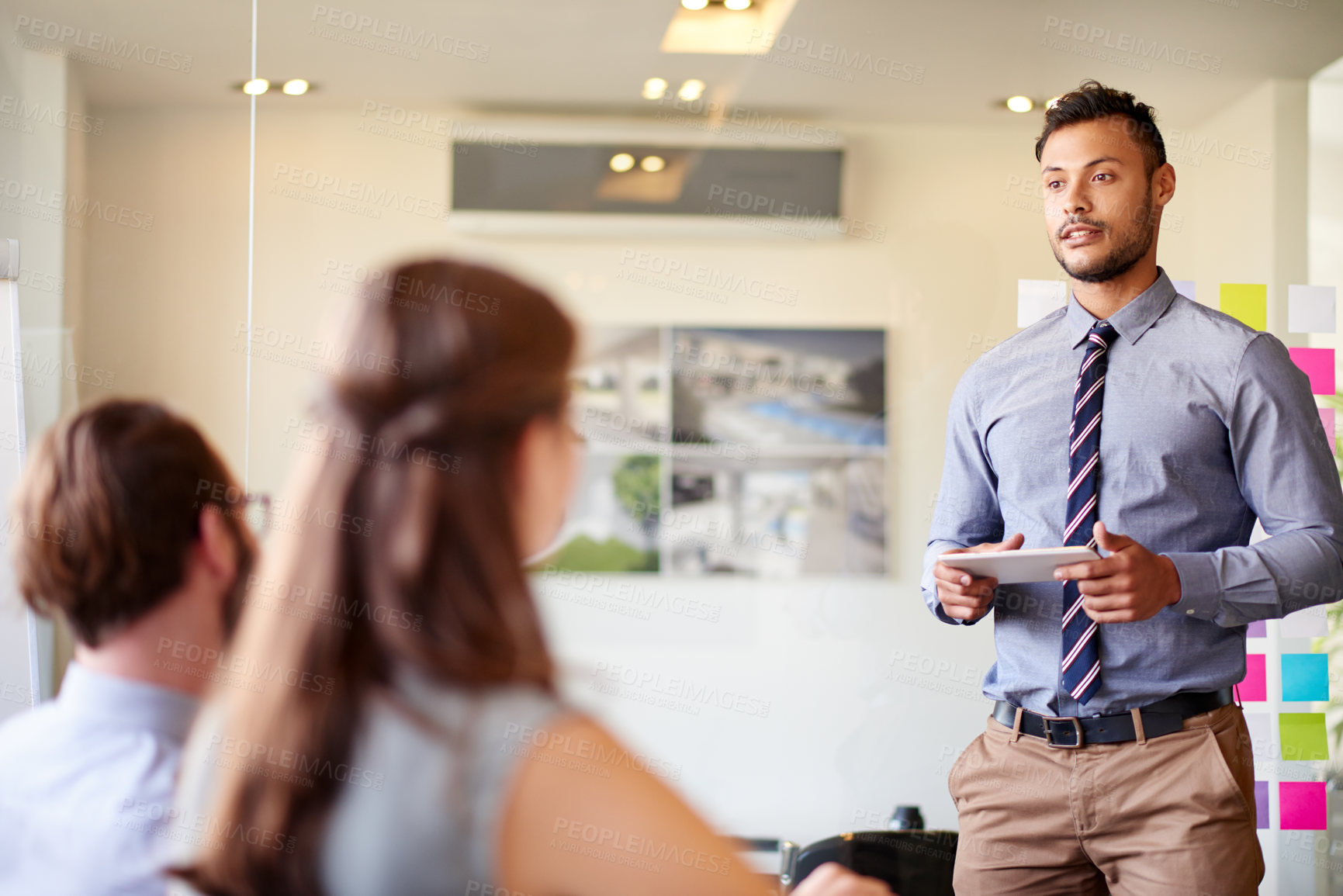 Buy stock photo Architecture, presentation and tablet with man in meeting for client proposal, progress update and planning. Construction project, timeline layout and engineering firm with business people in office