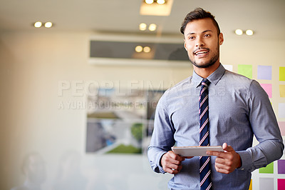 Buy stock photo Architecture, speaker and tablet with business man in meeting for client proposal, progress update and planning. Construction project, presentation timeline and engineering firm with person in office