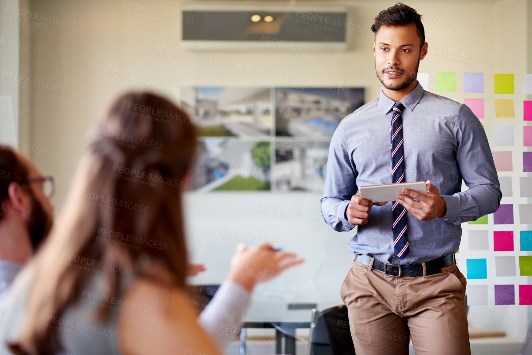 Buy stock photo Architecture, presentation and tablet with business man in meeting for client proposal, progress update and planning. Construction project, timeline and engineering firm with people in office