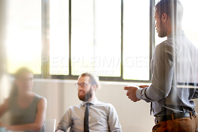 Buy stock photo Business people, meeting and group with teamwork, presentation and planning for project. Employees, speaker or consulting with corporate training, seminar for office productivity or proposal feedback