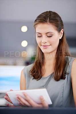 Buy stock photo Tablet, creative and happy business woman in startup, planning and ai art director with visuals for ads. Digital technology, research and worker online for campaign design, brand image or marketing