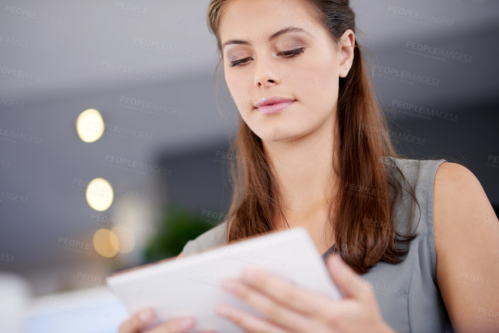 Buy stock photo Tablet, reading and creative business woman in startup, planning and ai art director with visuals for ads. Digital technology, research and worker online for campaign design, brand image or marketing
