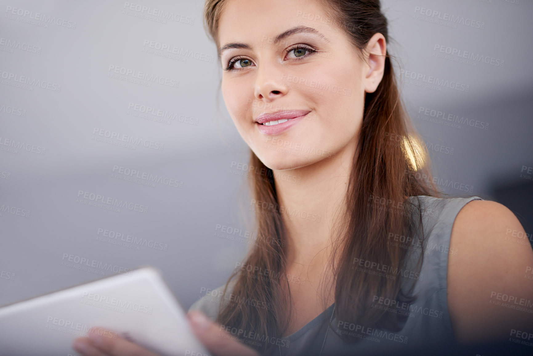 Buy stock photo Portrait, smile and tablet with business woman at venue for event management or planning. Agenda, research and schedule with happy coordinator in office for corporate conference or convention