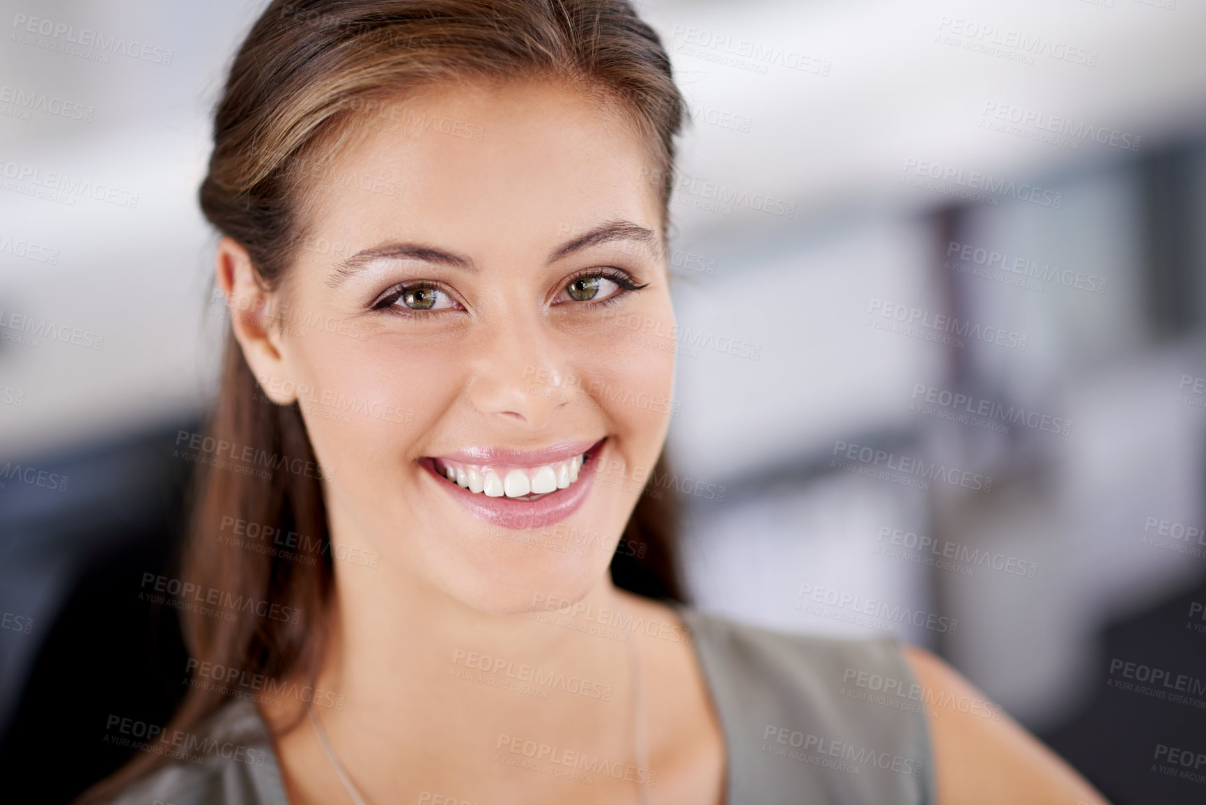 Buy stock photo Portrait, calm and woman in office, happy and confident for career growth in media, journalist or smile. Creative agency, reporter and person with opportunity in startup, press and morning in Canada