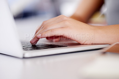 Buy stock photo Laptop, research and hands with business woman in office for banking manager, fraud prevention and fund transaction. Finance portfolio, credit report and customer records with closeup of person