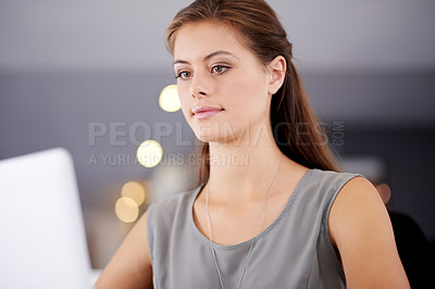 Buy stock photo Laptop, reading and planning with business woman in office for banking manager, fraud prevention and fund transaction. Finance portfolio, credit report and customer records with person in agency